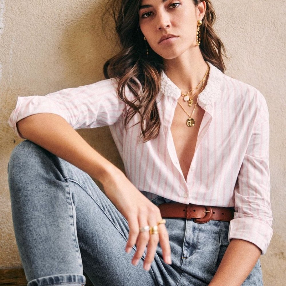 Sezane Gina Shirt White/Pink Stripes NWT Size 6